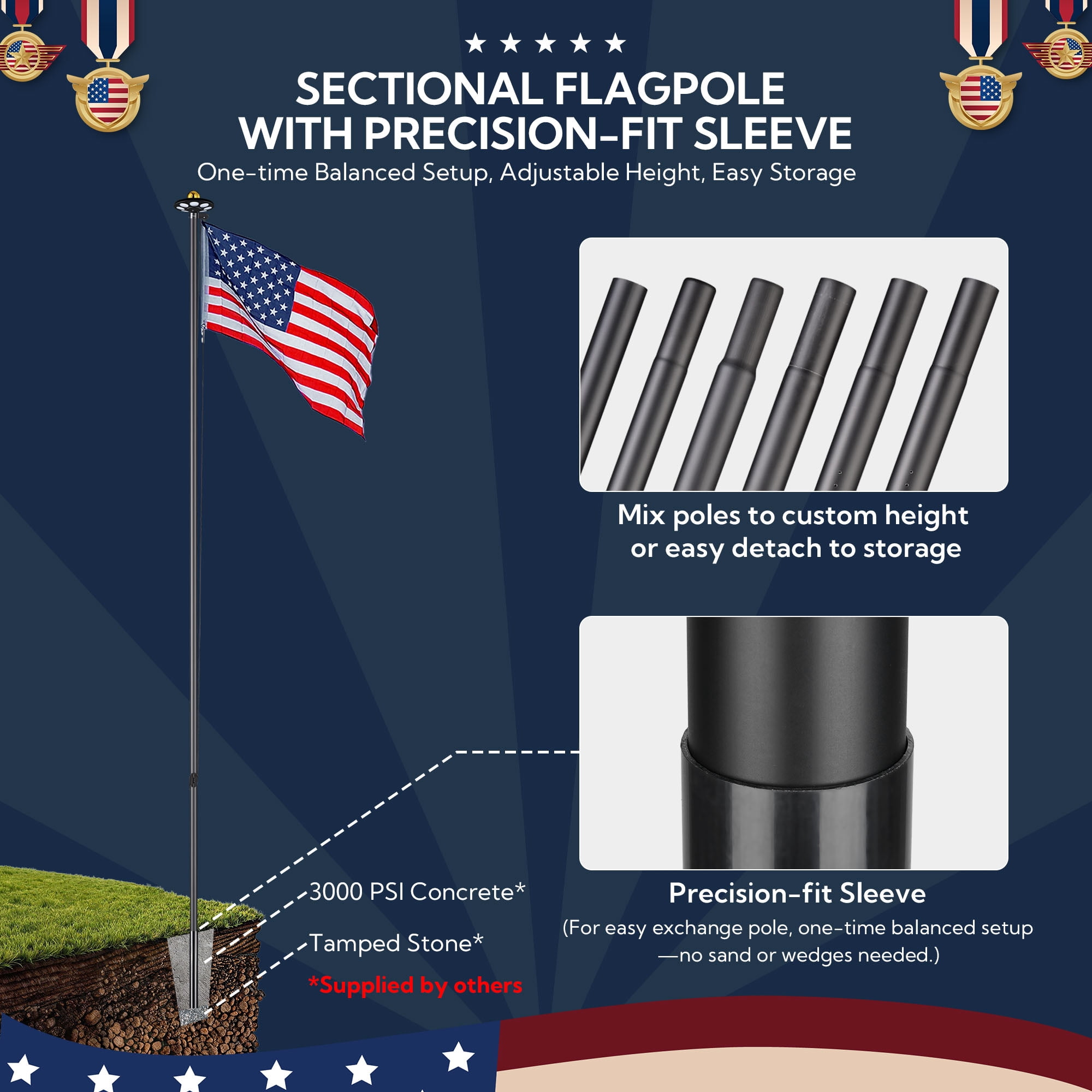 Yescom Bravery 25Ft Heavy Duty Sectional 13Gauge Aluminum Flag Pole Kit with 136 LED Solar Light US Flag Top Outside House Outdoor