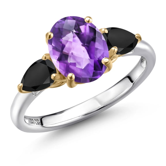 Gem Stone King 925 Silver and 10K Yellow Gold Purple Amethyst and Black Onyx Engagement Ring for Women | 2.26 Cttw | Oval Checkerboard 9X7MM | Gemstone February Birthstone | Size 7