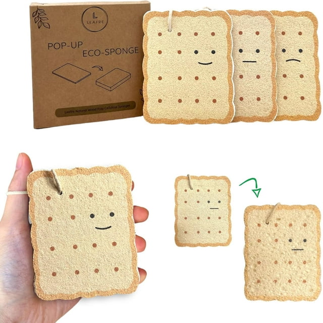 Pop-Up Eco Sponges 3 Pack (Emotional Cookies) - Wood Pulp | Natural Cellulose | Compostable & Biodegradable | Compressed Kitchen & Bathroom Sponges | Plastic-Free & Non-Scratch (Emotional Cookies)