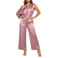 thumbnail image 2 of Womens Satin Two Piece Set Asymmetrical One Shoulder Top High Waist Wide Leg Pants Elegant Party Outfit Pink L(L), 2 of 6