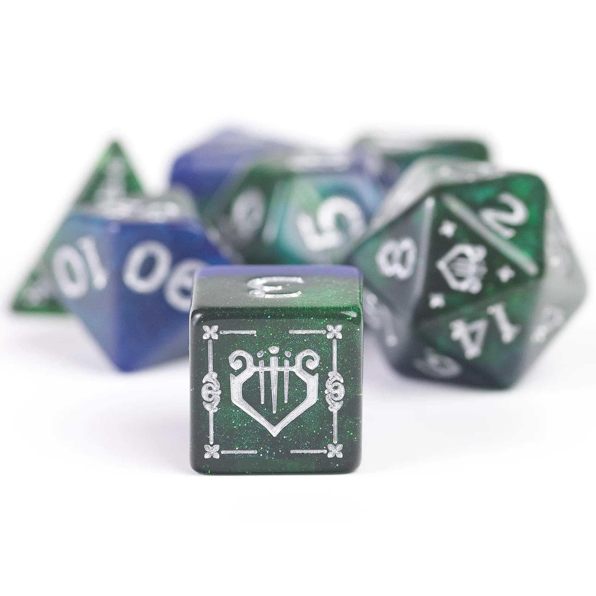 Dungeons & Dragons: D&D Adventure Dice: Bard - Blue & Green -15pc RPG Set, Class Symbols, Roleplaying Game Accessory, Sirius Dice, Officially Licensed