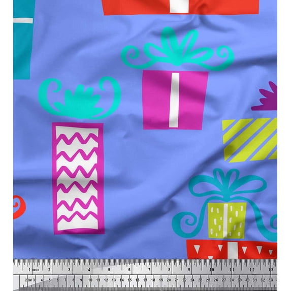 Soimoi Blue Poly Georgette Fabric Gift Box Party Decor Fabric Printed Yard 42 Inch Wide
