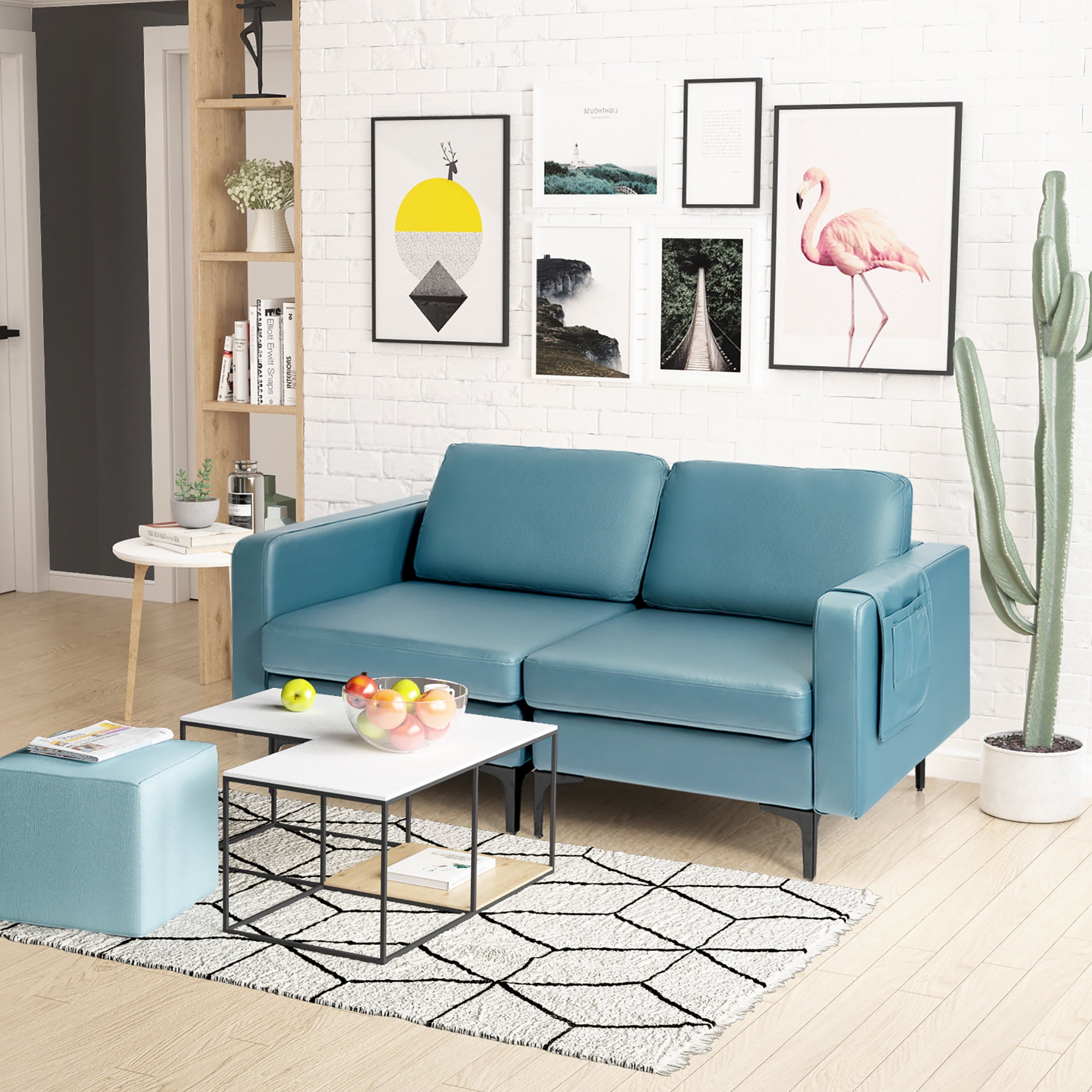 Costway Modern Loveseat Leathaire Fabric 2-Seat Sofa Couch w/ Side Storage Pocket Blue