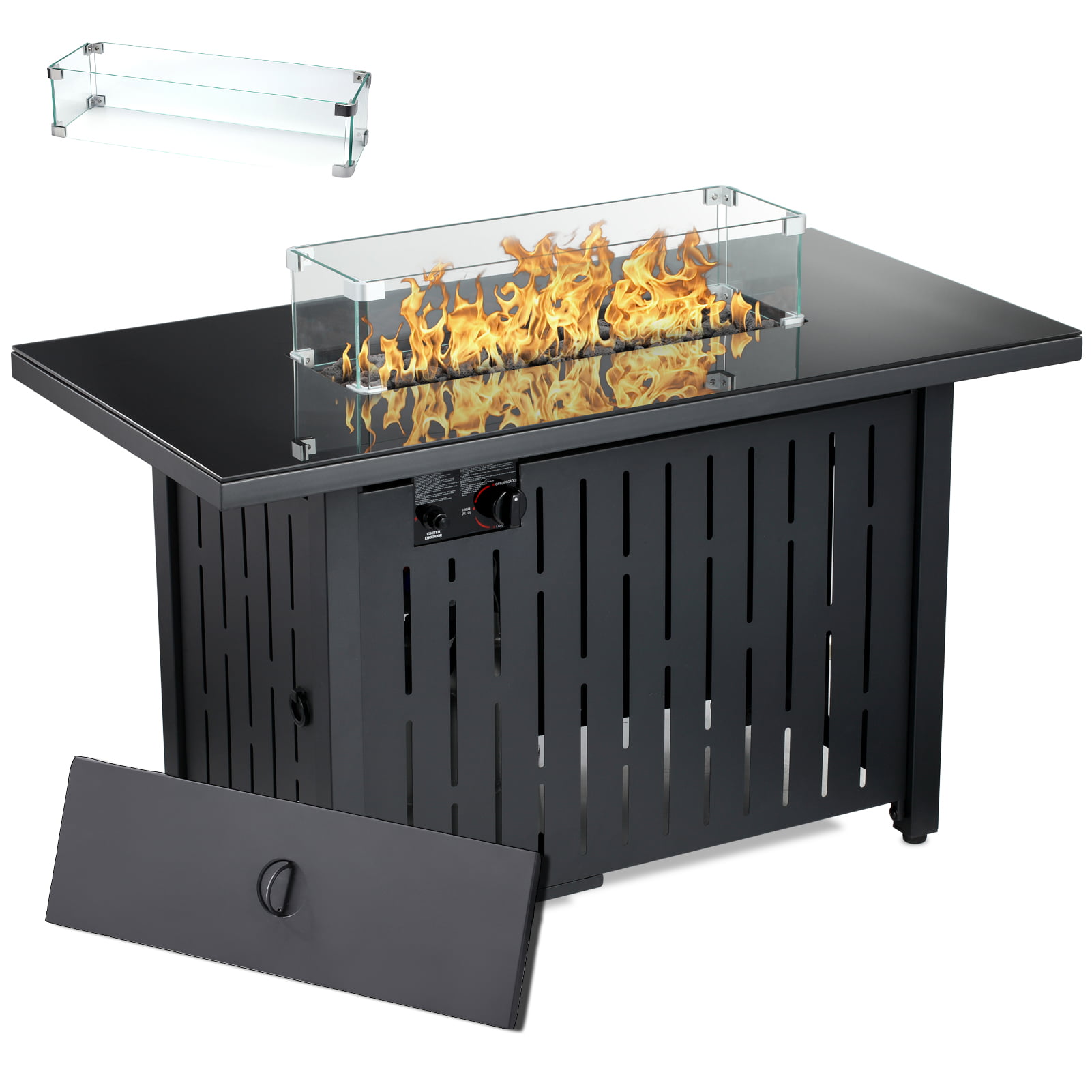 50000 BTU Outdoor Fire Table with Auto Ignition Tempered Glass Top UPHA 43 inch Propane Fire Pit Table Rattan & Wicker Fire Dining Table for Patio Backyard Deck,CSA Certification Glass Wind Guard 