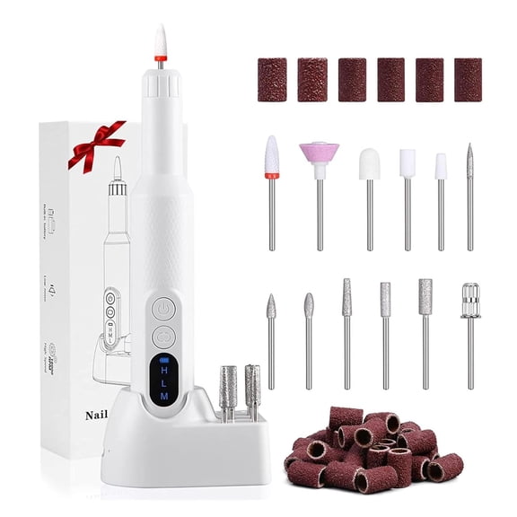 Electric Nail Drill, Cordless Nail File Kit, Portable Manicure Pedicure Tool with 12 Drill Bits & Wireless Charging Base for Acrylic Gel Nails Polishing Removal