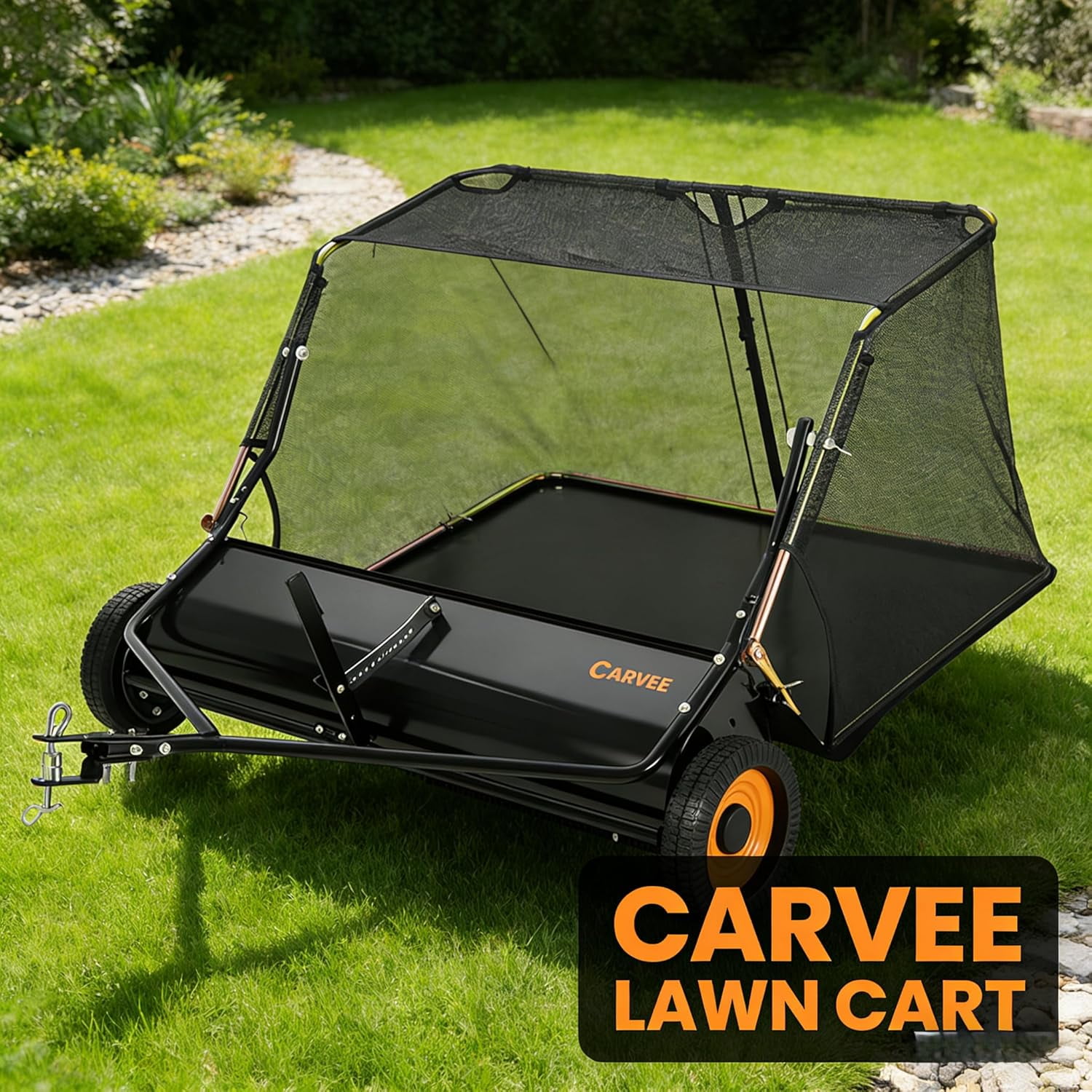 Garvee Tow Behind Lawn Sweeper, 44 Inch Pull Behind Lawn Sweeper, 26 cu. ft Large Hopper Leaf Collector, Heavy Duty Yard Sweeper with Adjustable Brush Height Lever for Yard and Grass Cleanup Tool
