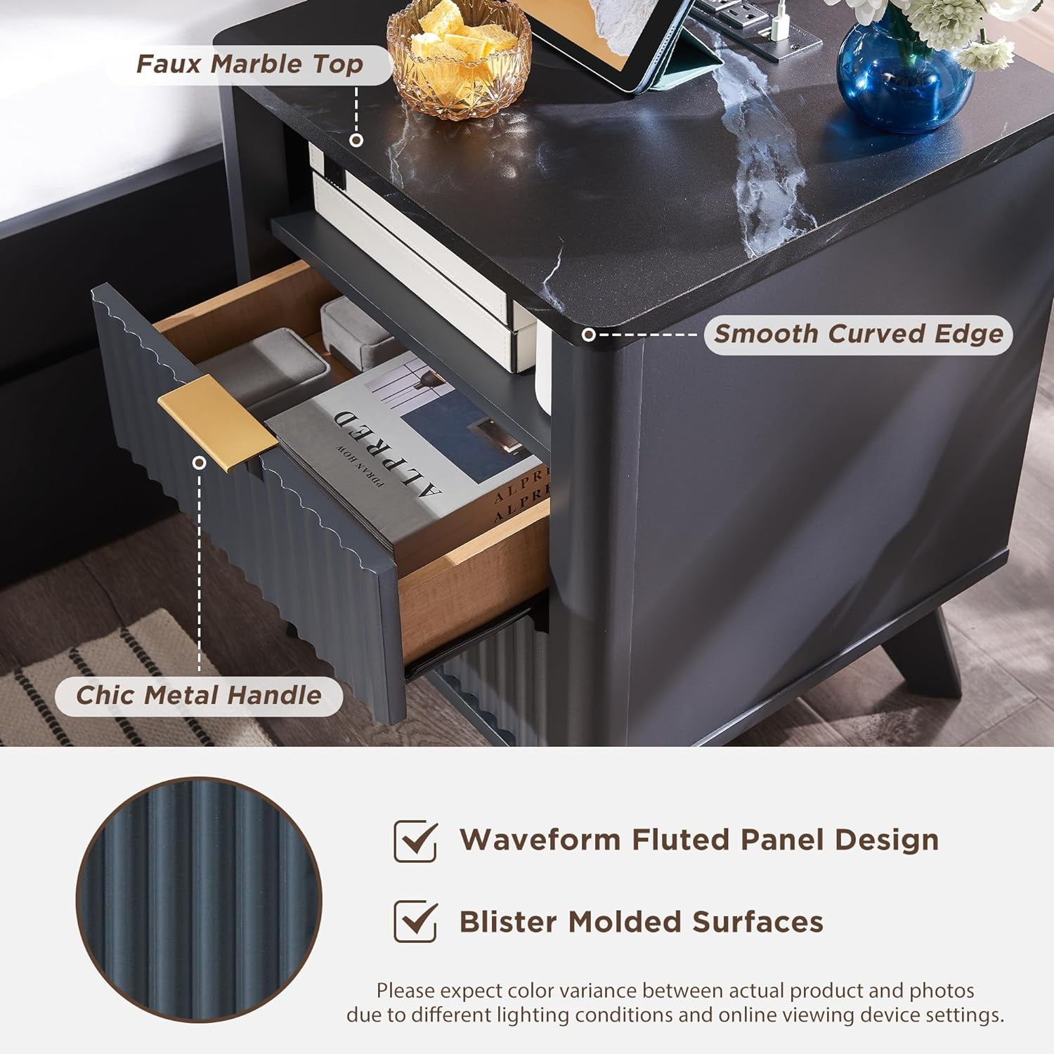 OKD Fluted Nightstand Set of 2 with Charging Station, Modern Side Table with Faux Marble Top, 2 Drawers End Table w/Storage, Bedside Table for Bedroom, Living Room, Dark Grey