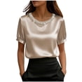 thumbnail image 3 of TaTaai Women's Office Casual Top Short Sleeve Round Neck Pearl Accent Solid Color Summer Blouse Professional Loose Fit Shirt Gift, 3 of 5