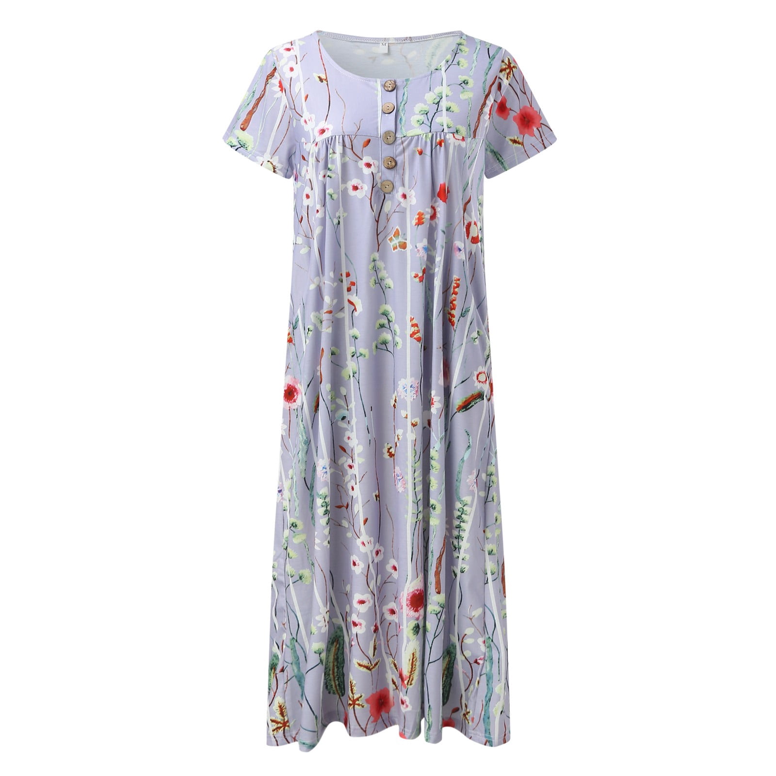 Jamsmile Womens Dress Summer Short Sleeve Long Casual Flowers Print Button Round Neck Dresses Loose Beach Boho Holiday Sundress