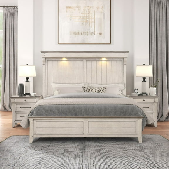 Roundhill Furniture Walcott 3-Piece Bedroom Set with Touch LED Lighting, Weathered Dusty-taupe Finish, King