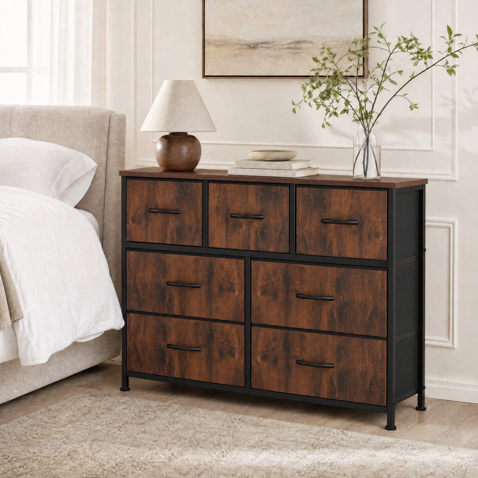 Telyra 7-Drawer Fabric Dresser TV Stand Organizer with Wood Top and Metal Frame Wide Storage Chest, Rust