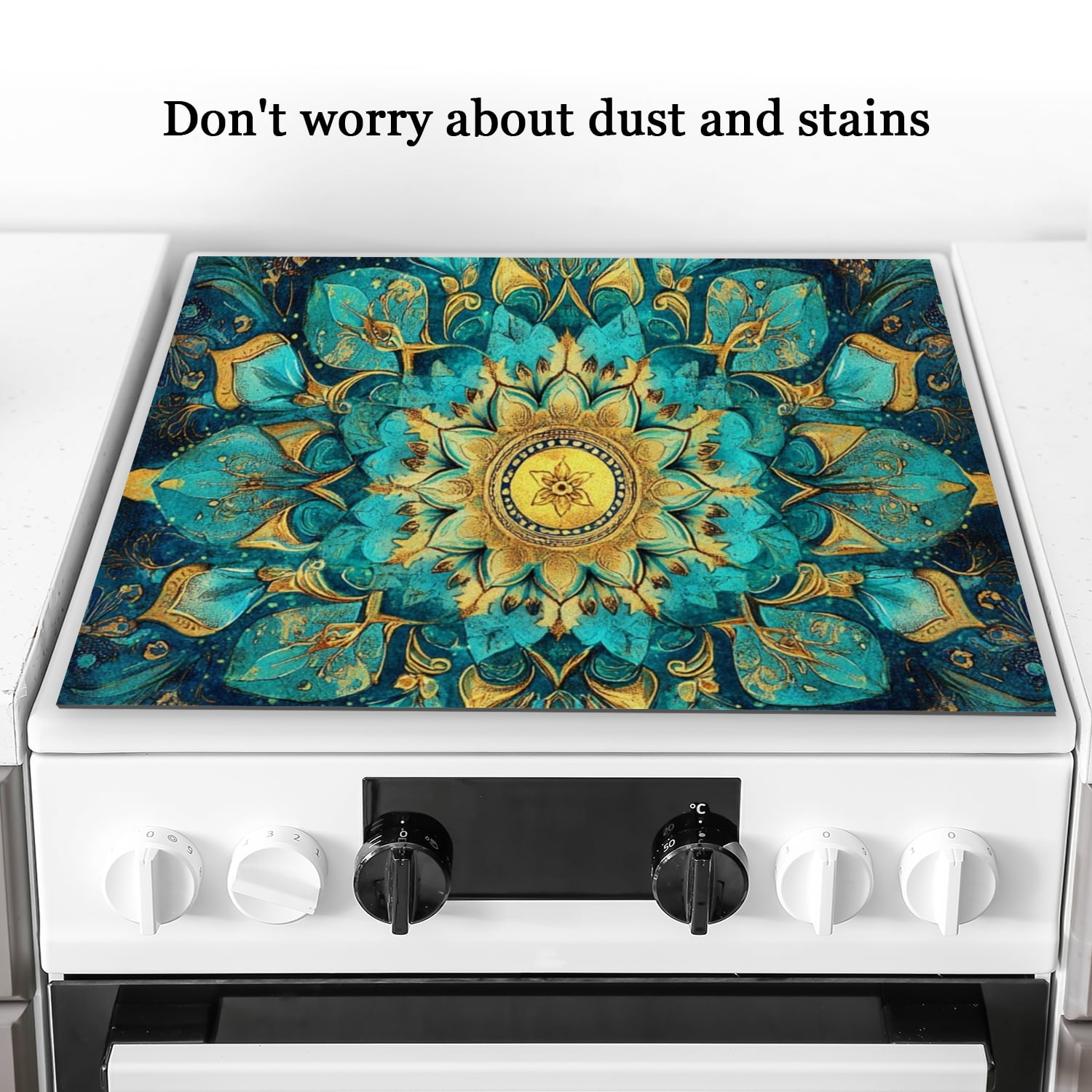 Stove Top Covers for Glasstop Stoves, Retro Teal and Gold Floral Mandala Anti-slip Glass Cooktop Protector Mat, Multifunctional Kitchen Decor Pad for Kitchen RV (28×20 Inch)