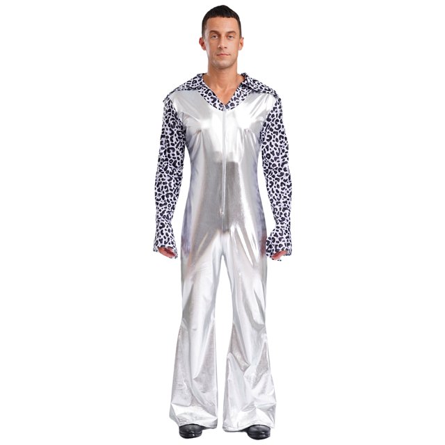 iiniim Men Shiny Metallic Jumpsuits 70s Disco Dance Leotards Stage Performance Costume Wide Leg Rompers Silver S