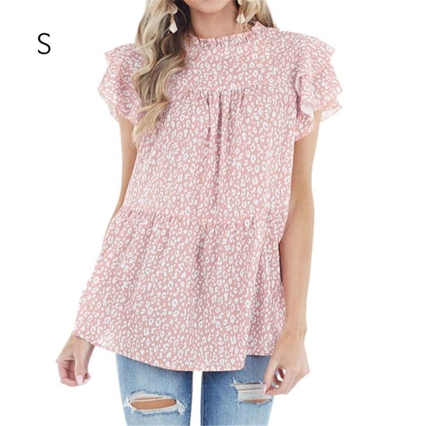 Camisa Mujer Camisa Con Estampado De Leopardo Con Mangas Volantes Ropa De Verano, Rosa, S Kearding AP002395-01