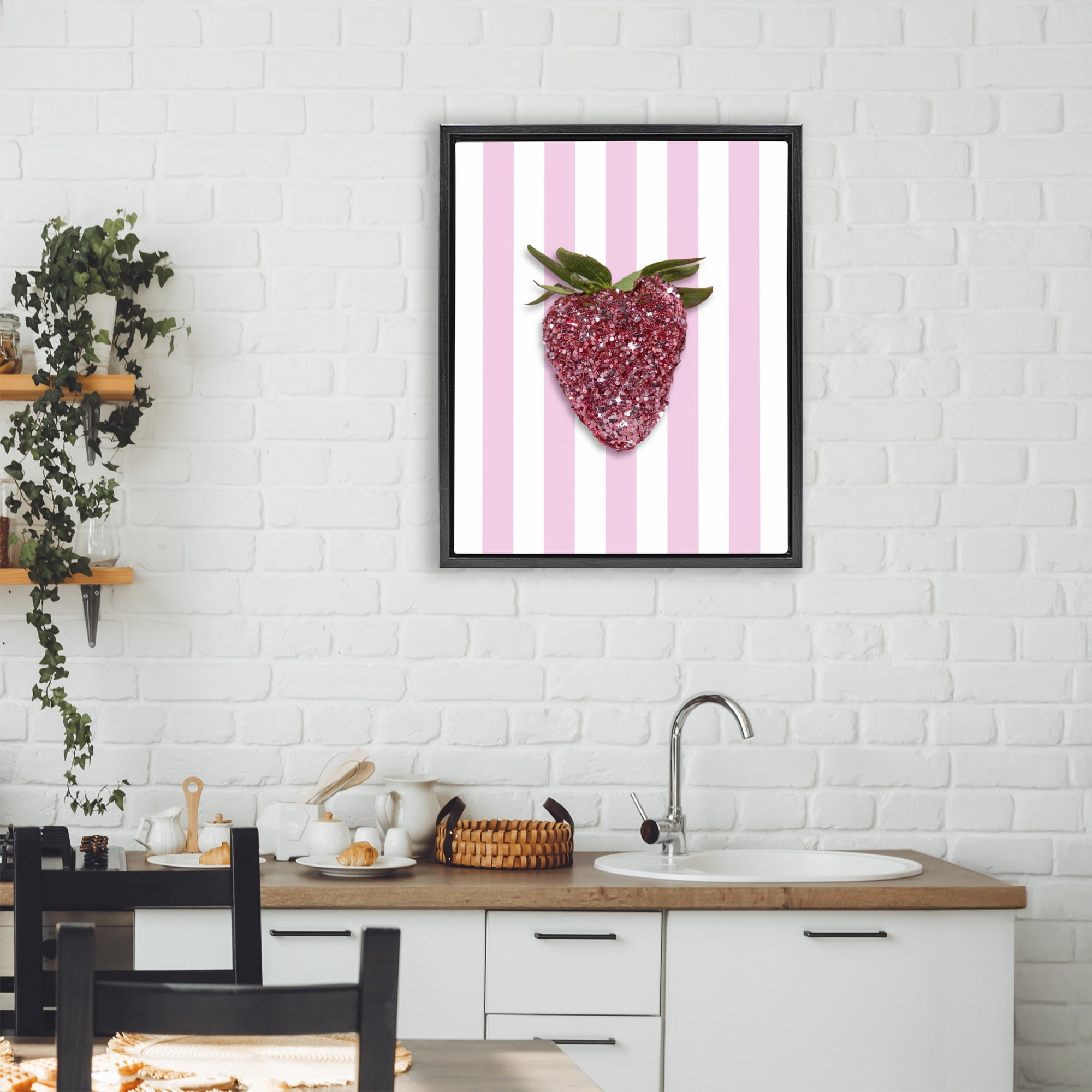 Stupell Industries Glimmer Strawberry on Green Stripes Black Framed Floater Canvas Wall Art, design by LISH Creative