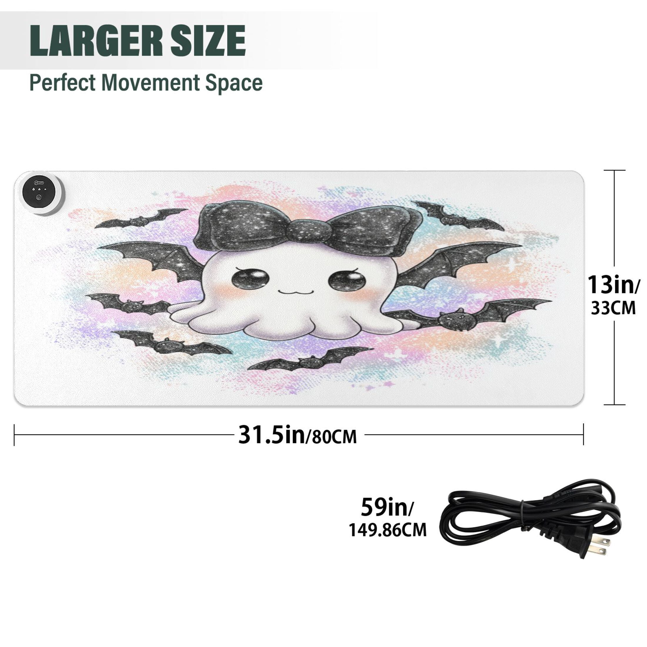Large Heated Desk Mat Mouse Pad 31.5"x13"PU Leather Graphene Heating Desk Warmer with 3 Temperature Settings 110V US Plug Non-Slip Warm Pad for Home, Office, and Gaming Cute Black Bat Ghost