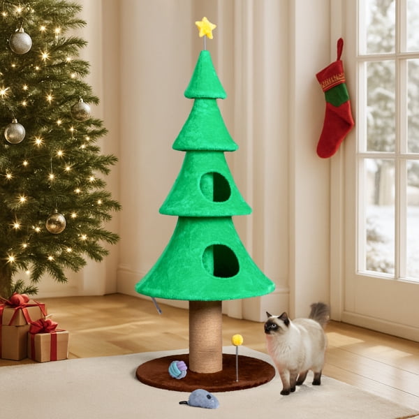 59in Large Tall Christmas Tree Cat Tower with 2 Cat Condos & Scratching Post, Soft Fleece Cat Tree with Teaser Toy & Sturdy Base & Built-in Openings for Indoor Cats, Green