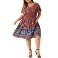 thumbnail image 1 of GRACE & GRANDEUR Robe Midi d'Été Bohème à Fleurs pour Femme Grande Taille, Col en V, Manches Courtes Évasées 4X Bleu Rouge, 1 of 6