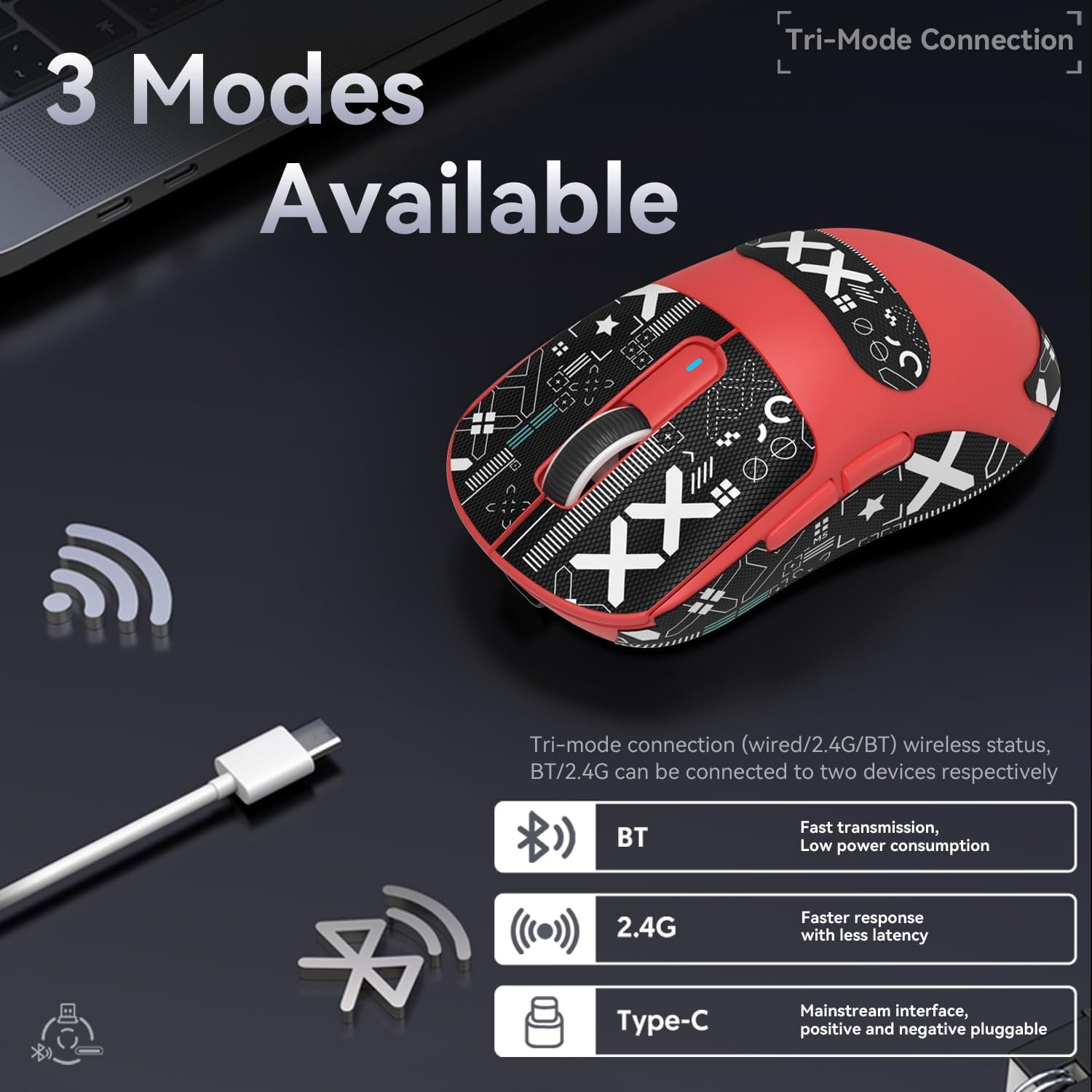 ATTACK SHARK X3 Lightweight Wireless Gaming Mouse with Anti Slip Mouse Grip Tape, Self Adhesive Design Elastics Refined Side Grips Sticker Sweat Resistant Pads/Anti Sweat Paste, Cut to Fit (Red)