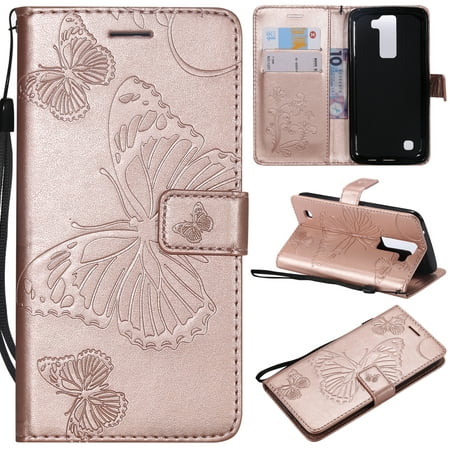 LG K8 K7 Wallet case, Allytech Retro Embossed Butterfly Flip Case Soft TPU Flower Inner Bumper Card Holder Wrist Strap Protective Phone Case for LG K7 / K8 / Escape 3 / Tribute 5 (MA1380), Rosegold