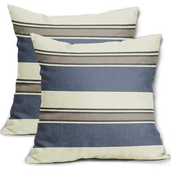 Navy Blue Striped Pillow Covers 18x18 Set of 2 Blue Brown Boho Stripe Pattern Cream Farmhouse Decorative Throw Pillows Outdoor Modern Print Linen Cushion Case with Zipper Decor for Sofa Couch Bed