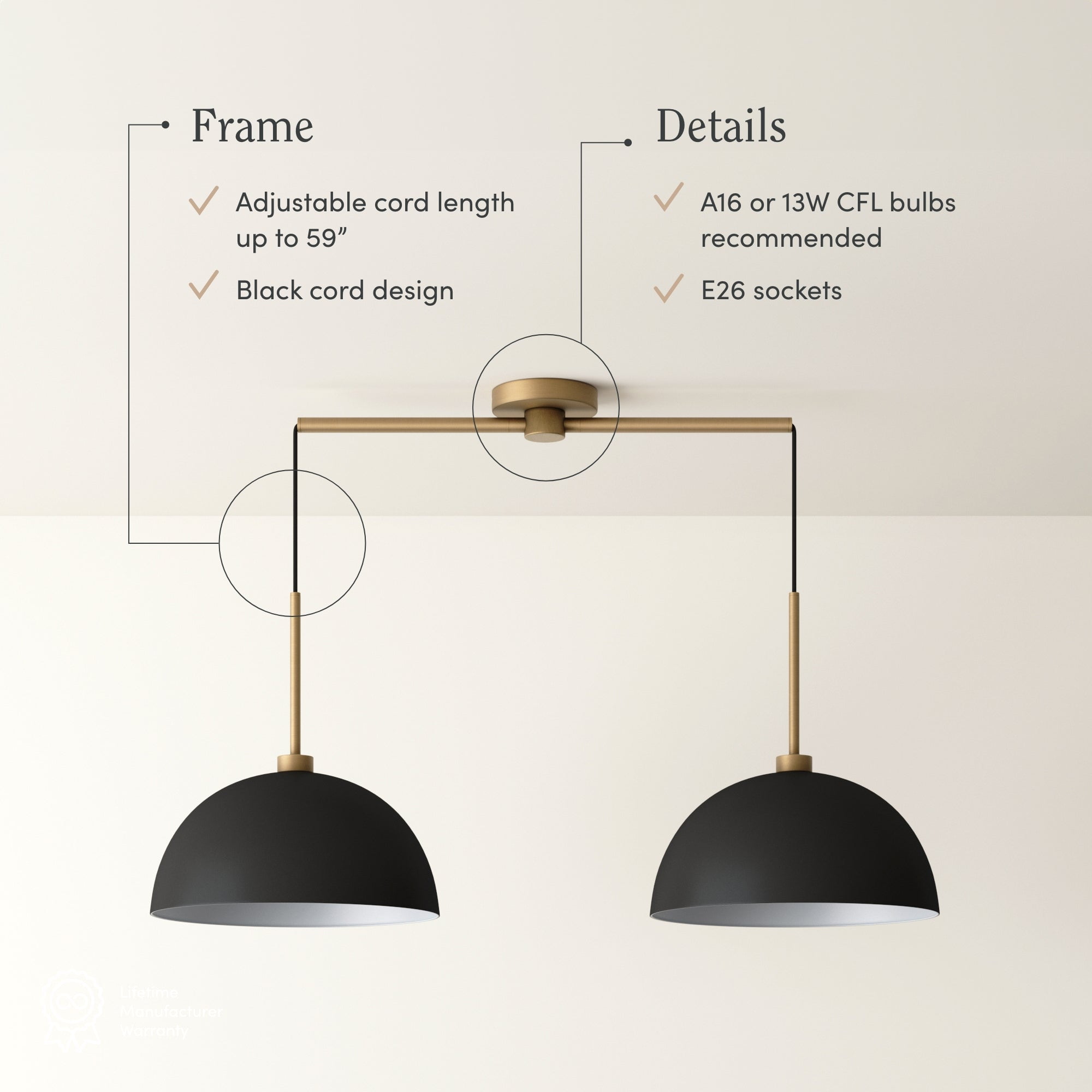 Nathan James Percy Modern 2-Light Pendant Island Light Fixture, Hanging Lights with Metal Shade and Adjustable Cord, For Kitchen, Living Room, Black/Vintage Brass