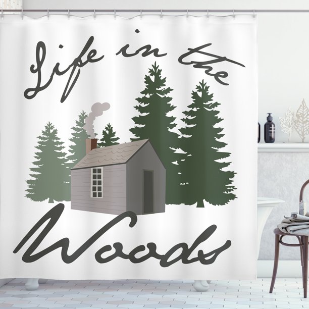 Log Cabin Shower Curtain Image Of A Rustic Lodge In Forest With Life The Woods Message Fabric Bathroom Set Hooks 69w X 84l Inches Extra Long White Emerald Grey Log Cabin Shower Curtain Image Of A, Log Cabin Shower Curtain Hooks