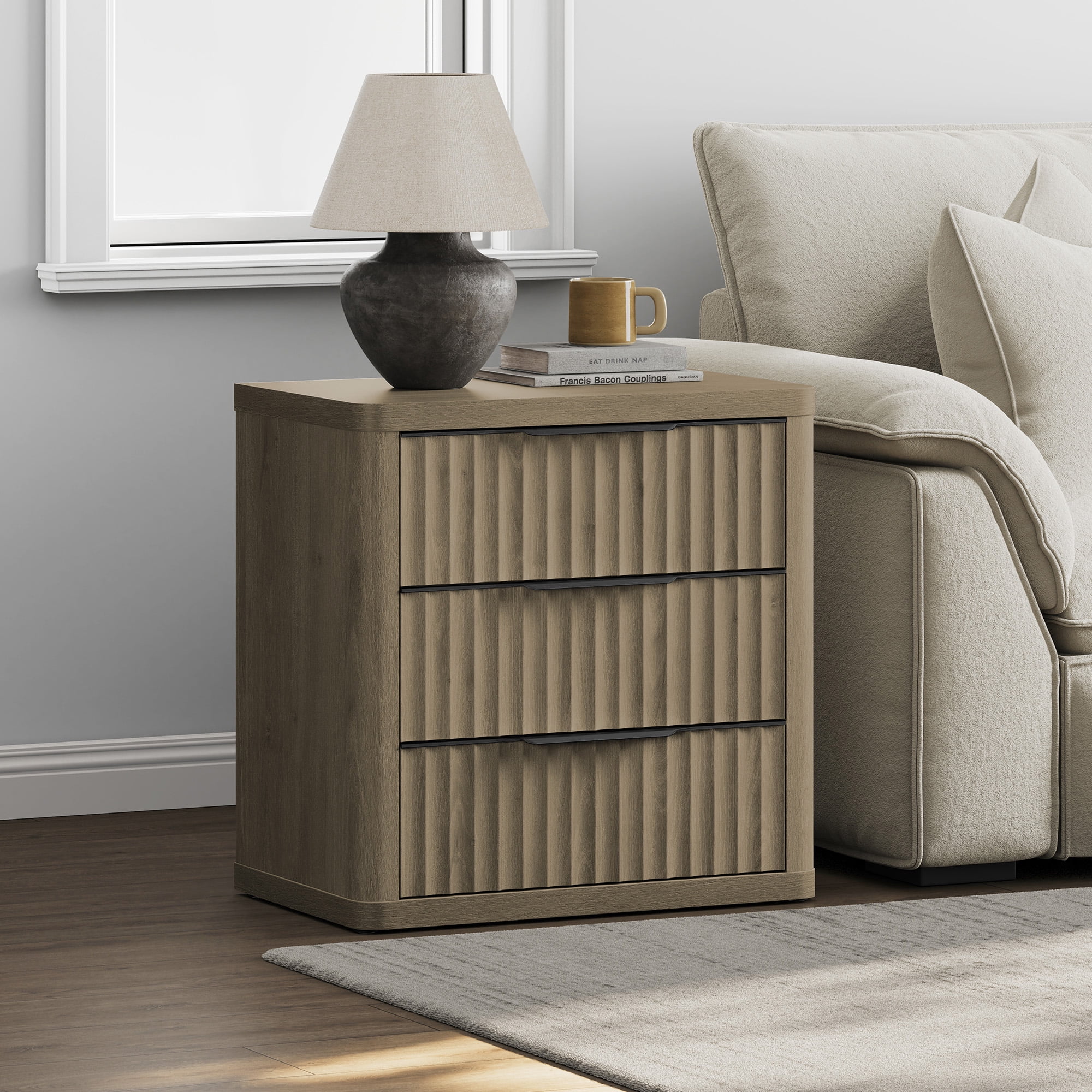 SICOTAS 26"H Tall Farmhouse 3 Drawer Nightstands Set 2, Small Modern Wood Bedside Table with 3 Fluted Drawers & Black Handles, Chest of Drawers, End Table for Bedroom Living Room Entryway, Grey Alder
