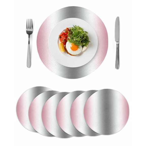 Pink Grey Round 13 Inch Placemats Set of 6, Gray Farmhouse Modern Rustic HeatResistant Non Slip Place Mats for Dining Table, Wipeable Braided Kitchen Table Mats for Housewarming