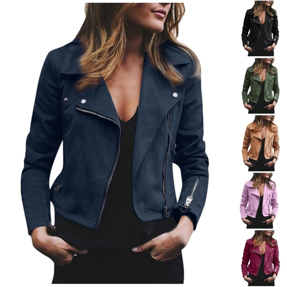 Dezsed Women's Faux Suede Leather Moto Jacket Zip-up Biker Cropped Coat Classic Notched Lapel Slim Fit Casual Street Outerwear with Pockets Blue 2XL