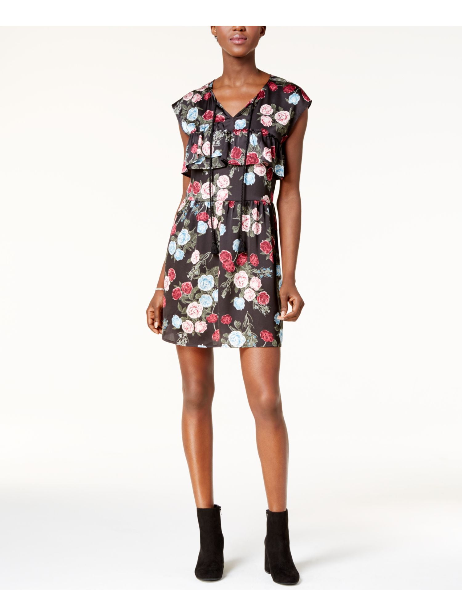 Kensie KENSIE Womens Black Floral Cap Sleeve V Neck Above The Knee