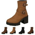 thumbnail image 5 of Xfvqtps Womens Boots Mid Calf Back Zipper Chunky Sole Flatform Mid Heel Buckle Straps Almond Toe Casual Ankle Commute Boots Brown, 5 of 5