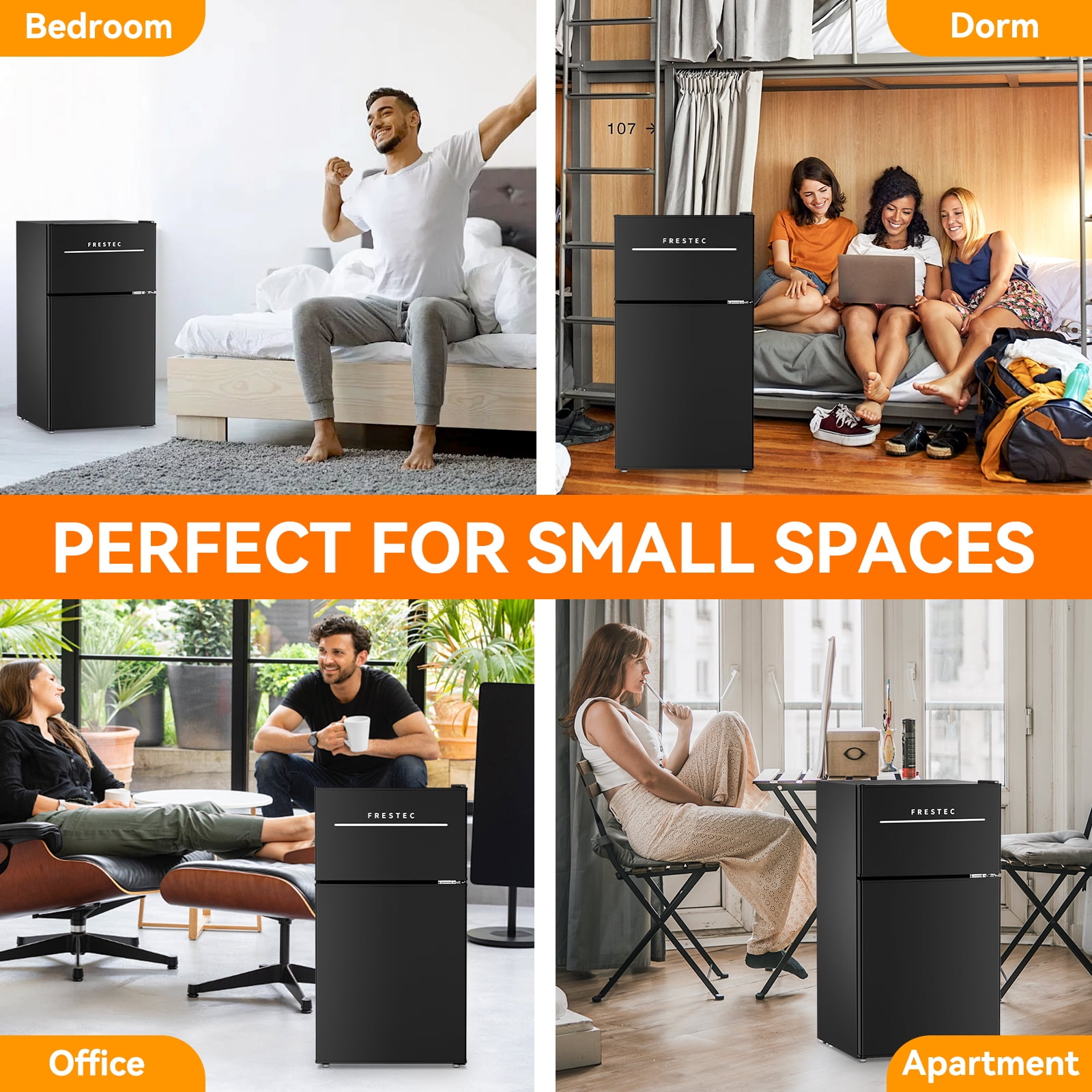 Frestec 3.2 Cu Ft Two-Door Mini Fridge with Freezer – Black, Stainless Steel, New