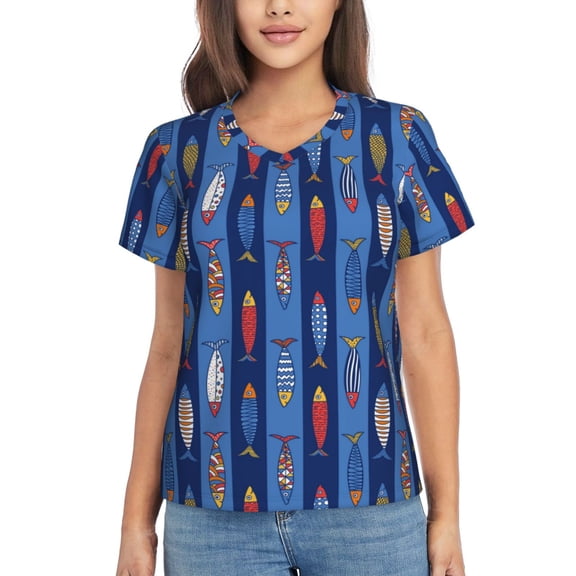 Vsdgher Cute Fish Women Shirts V Neck Short Sleeve Tops T-Shirt Basic Tees, S to 3XLSmall