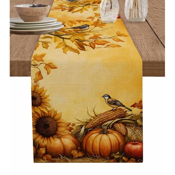 Fall Orange Pumpkin Table Runner 60 Inches, Thanksgiving Maple Leaf Sunflower Bed Runner Dresser Scarves Tabletop for Indoor Outdoor Parties/Ceremony/Banquet, 13" x 60"