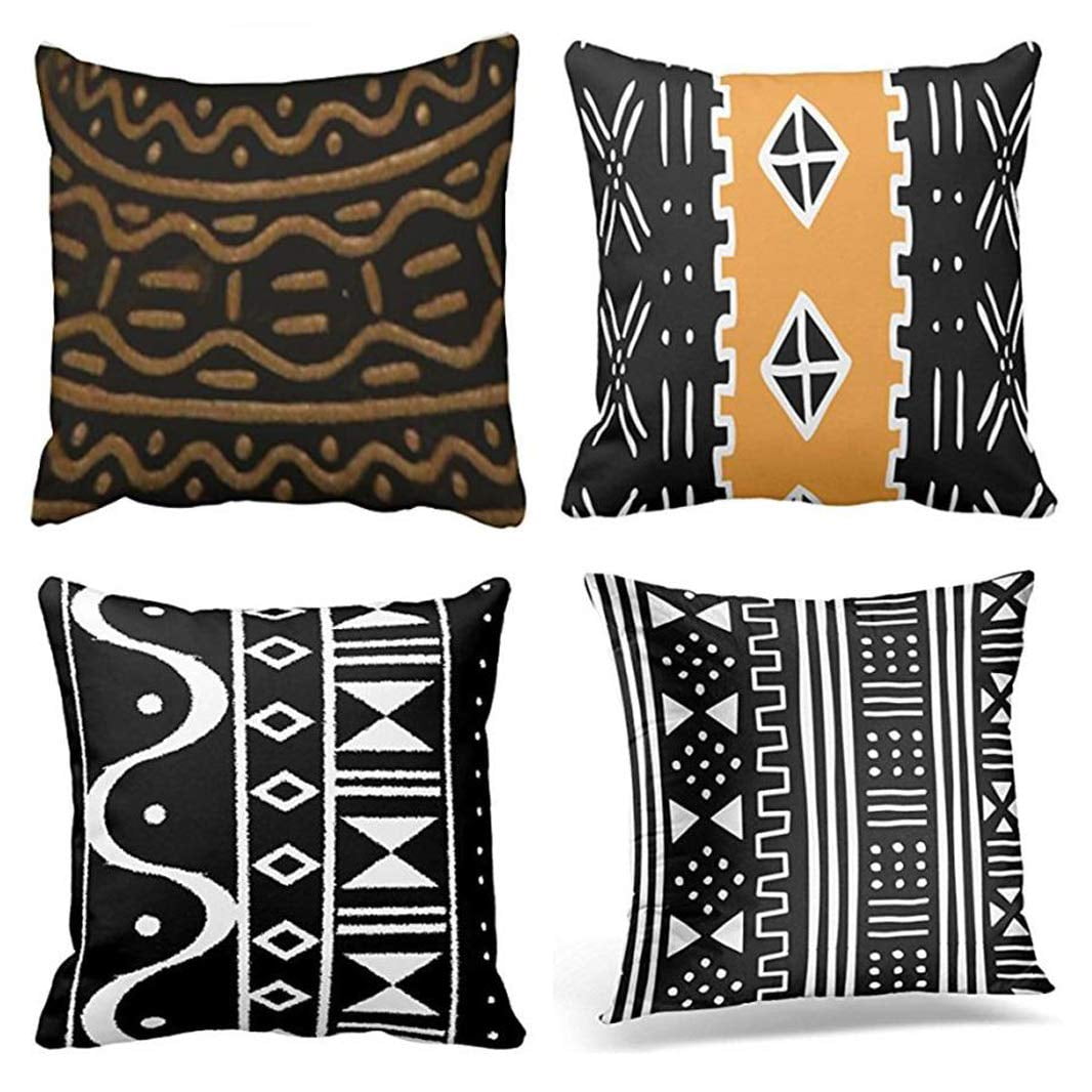 SUFAM Set of 4 Pillow Cases African Black Mud Mudcloth White American