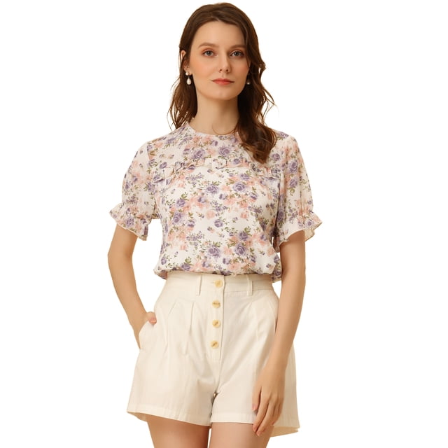 Blusa floral con ribete de volantes y manga corta de gasa para mujer Rosado morado S