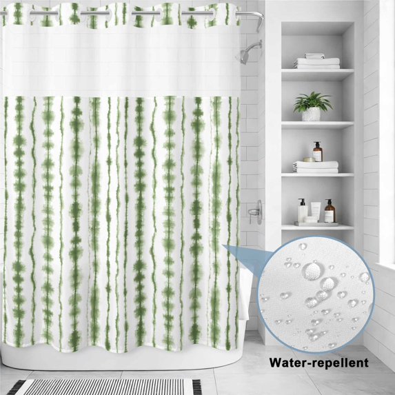 No Hook Shower Curtain, Sage Green Stripes Shower Curtains for Bathroom with See Through Top Window, Farmhouse Striped Abstract Art Waterproof & Washable Bath Curtain Extra Long 72"x84"