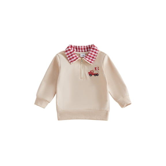 BemeyourBBs Toddler Baby Boy Fall Winter Spring Sweatshirt Valentines Day Outfits Tractor Embroidery Quarter Zip Pullover Plaid Lapel Long Sleeve Collared Shirt Sweater Tops
