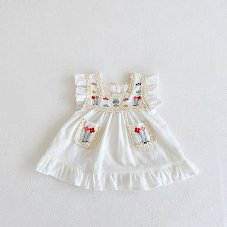 

DancePeanut Toddler Girl Clothes White Linen Lace Design Flying Sleeves Dress Summer Fashion Cute Baby Girl Flower Embroidery Dress