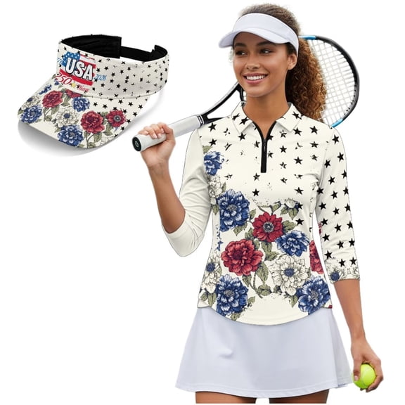 Garronmavis Patriotic Flower Women's Golf Shirt and Sun Visor Hat Set Quick Dry 3/4 Sleeve Golf Shirts 4-Way Stretch Adjustable UV Protection Sun Hat Cap Suitable for Golf Enthusiasts