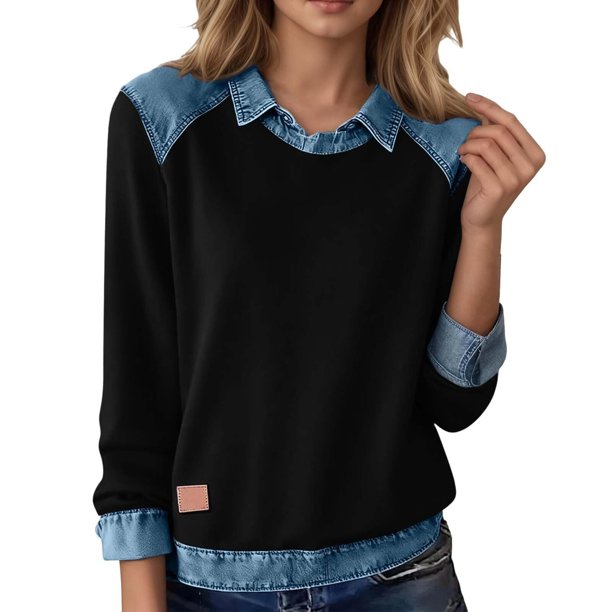 Camisas de manga larga for mujer, cuello de mezclilla, costura de retales, sudadera, Tops casuales, jersey