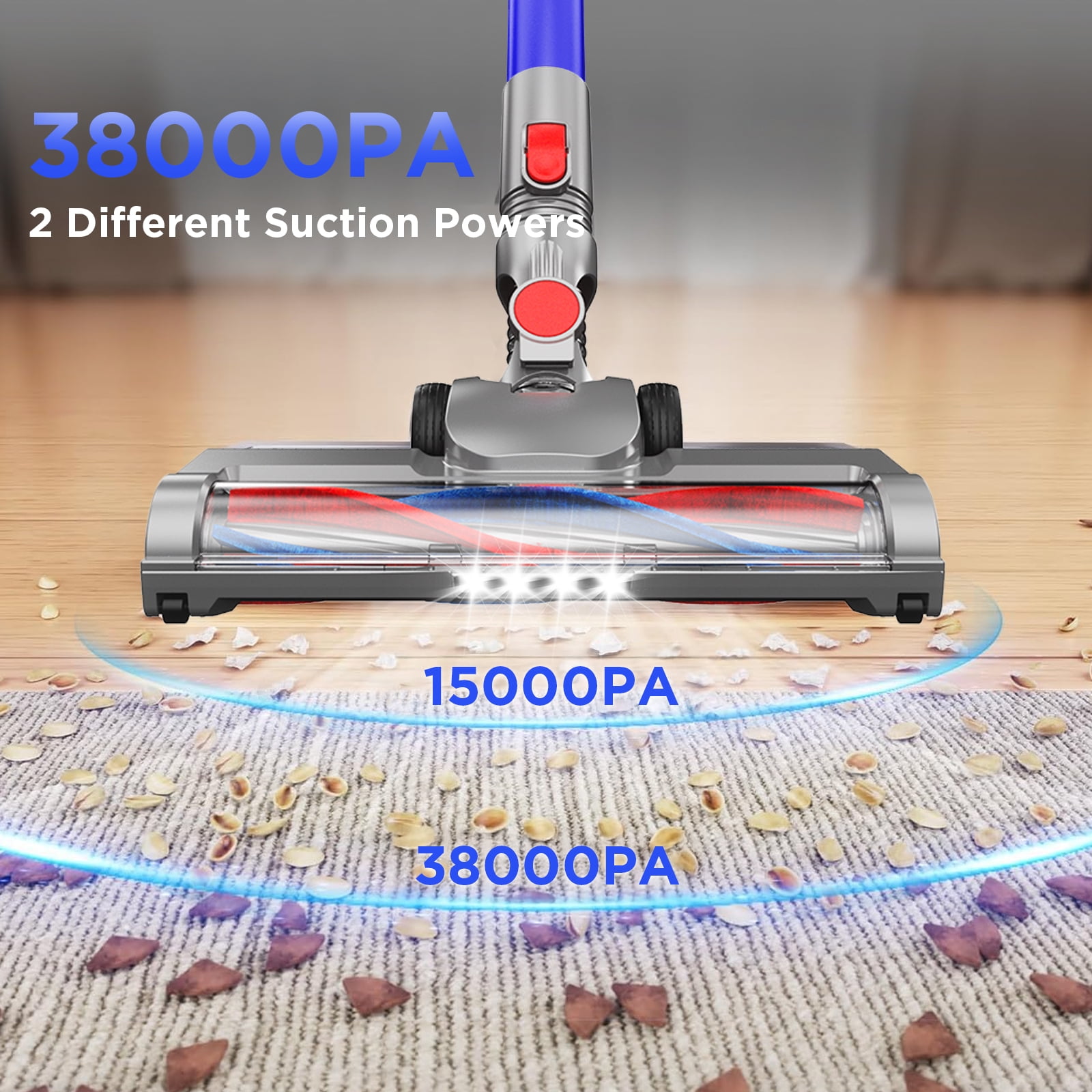 KANFUAQ Cordless Vacuum Cleaner, 38000PA/450W 50min 2500mah for Home Pet Hair Carpet Wood Floor (Blue)