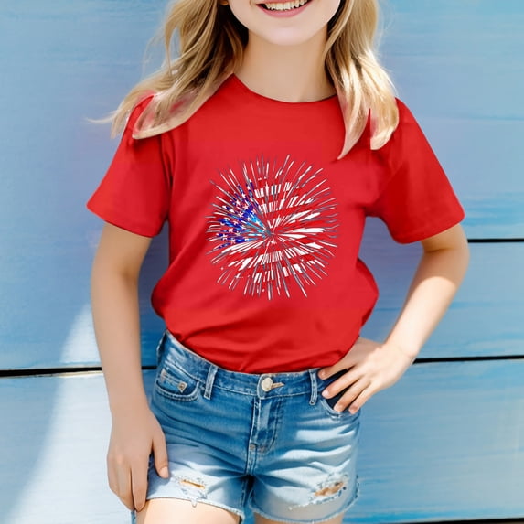 BOBOGOJP Girls 4th of July Shirt Kids USA Shirts American Flag T Shirt Patriotic Independence Day Shirts Memorial Day Tee(4-5 Years, Red)