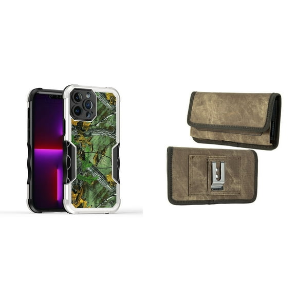 Case and Pouch Bundle for iPhone 14 Pro Max: Heavy Duty Armor Rugged Case (Hunting Camo) and Rugged Denim Nylon Belt Holster (Tan Brown)