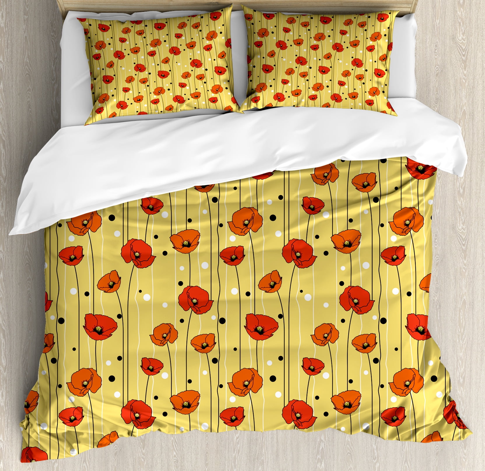 Poppy Duvet Cover Set, Abstract Lines with Dots Floral Arrangement ...