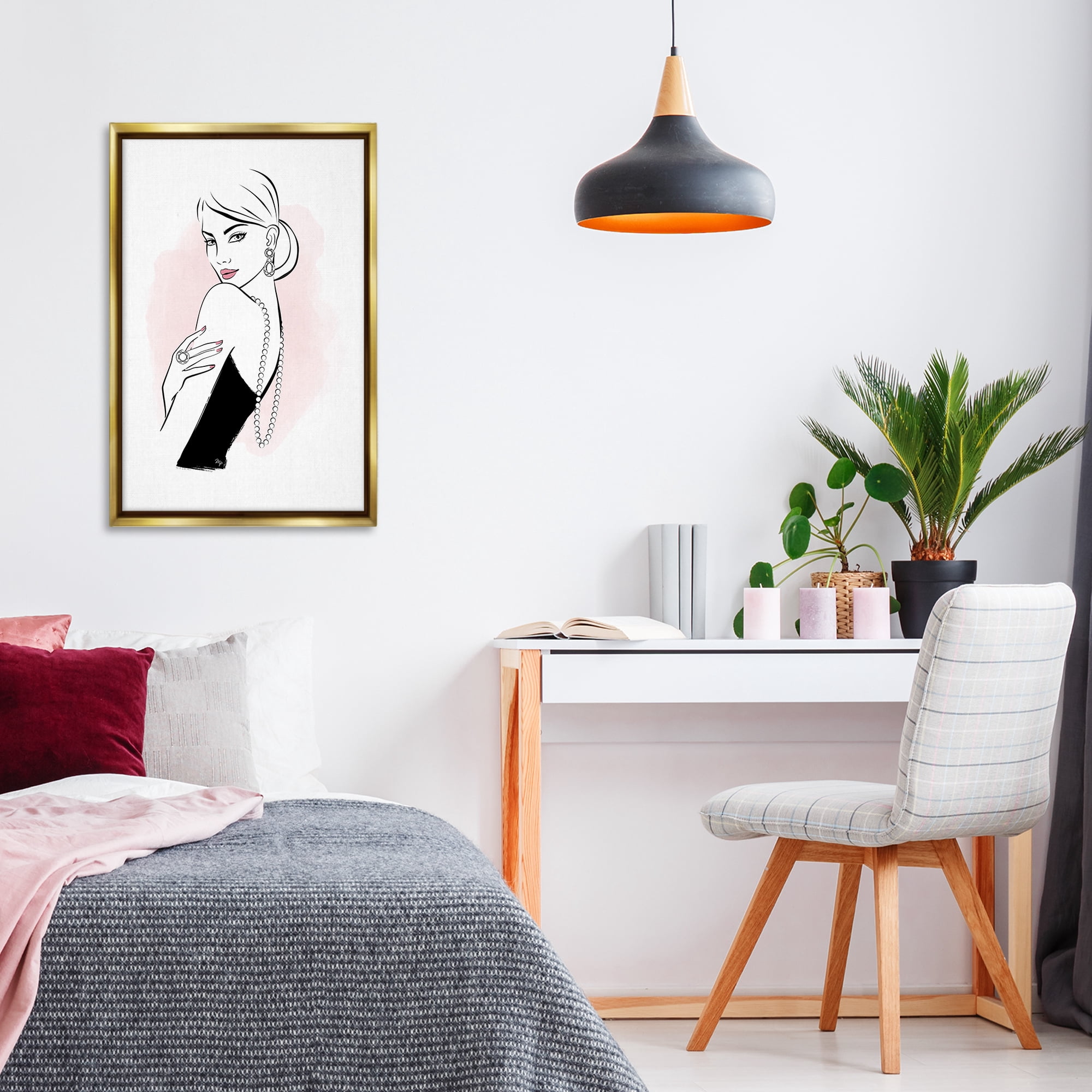 Stupell Industries Diamond Jewelry Girl Novelty Painting Gold Floater Framed Art Print Wall Art, 21 x 31