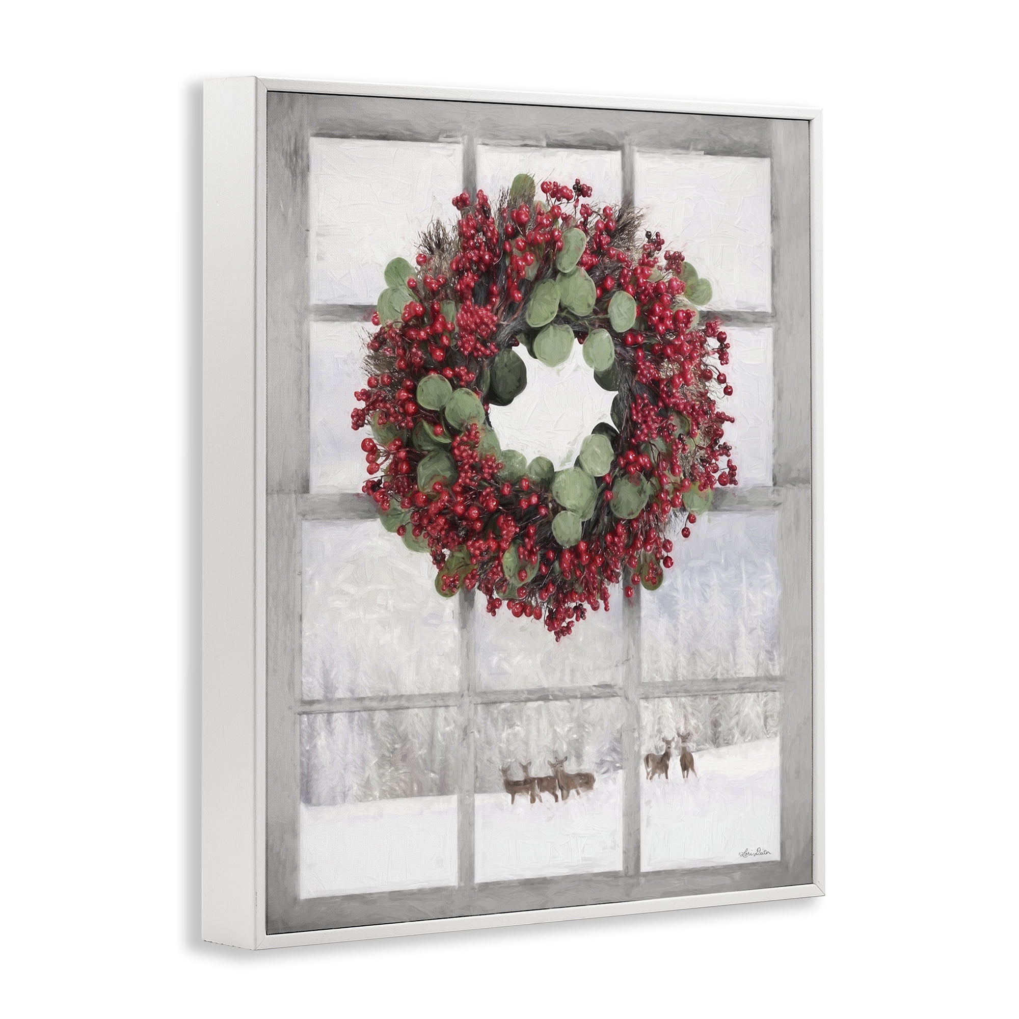 Stupell Industries Holly Wreath & Reindeer Holiday Painting White Framed Art Print Wall Art, 16 x 20