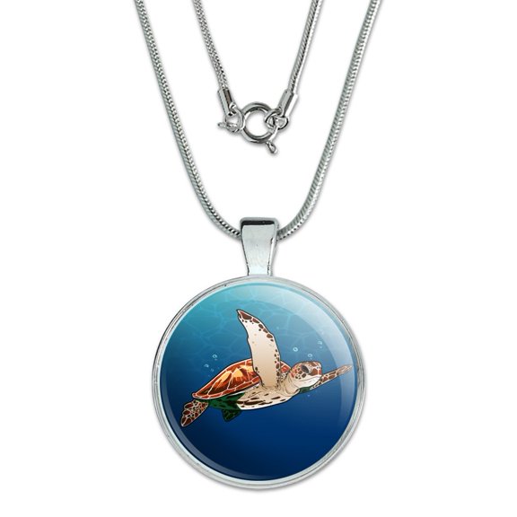 Sea Turtle Swimming in Ocean 1" Pendant with Sterling Silver Plated Chain
