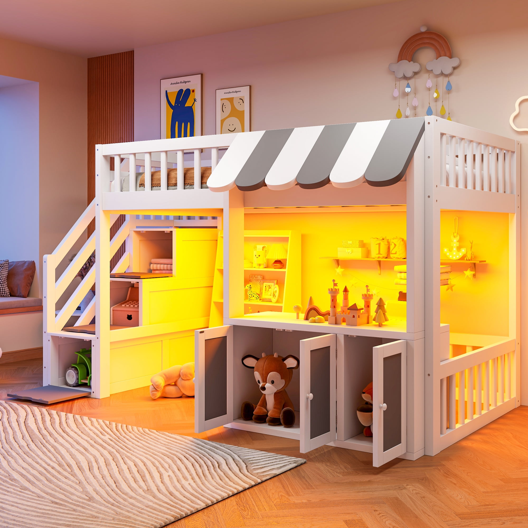 Mintazer Twin Size Loft Bed with Play Storefront & LED Lights, Kids Loft Bed with Guardrail and Storage Staircase & Cabinet for Bedroom, White & Gray